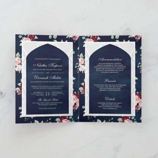 ダークブルーフローラレースオールインワンインディアン結婚 招待状 (内部)