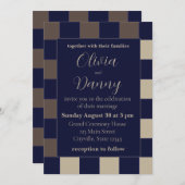 ダークブルーブラウン結婚チェッカーボード 招待状 (正面/裏面)