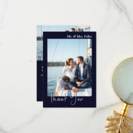 ダークブルーブラック結婚フォトのサンキューカード サンキューカード