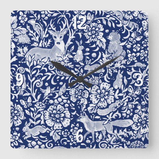 ダークブルーホワイトウッドランドアニマル自然 スクエア壁時計 (正面)