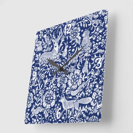 ダークブルーホワイトウッドランドアニマル自然 スクエア壁時計 (傾斜)