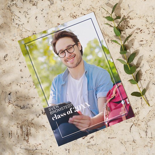 ダークブルーホワイトミニマリスト卒業 案内状