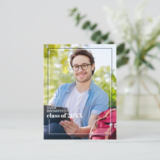 ダークブルーホワイトミニマル卒業発表 ポストカード (スタンド正面)