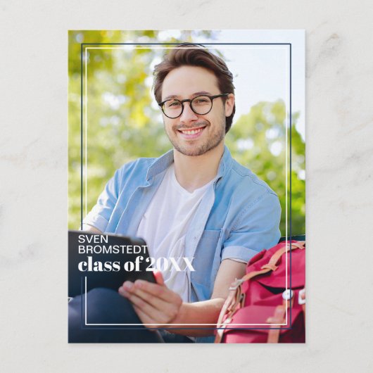 ダークブルーホワイトミニマル卒業発表 ポストカード (正面)