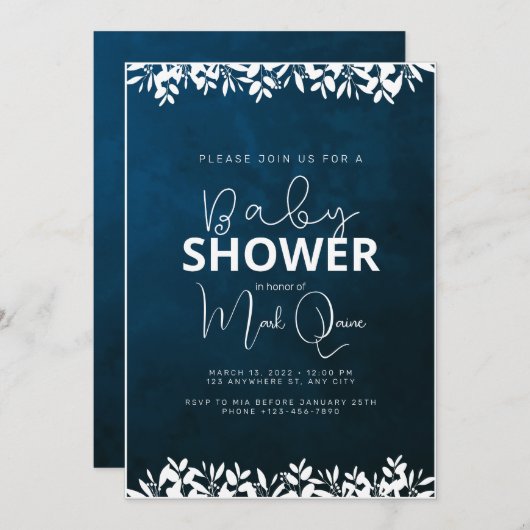 ダークブルーミニマリスト赤ちゃんシャワー 招待状 (正面/裏面)