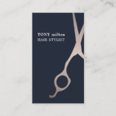 ダークブルーミニマル金属フェイクハサミ毛事業 名刺 (正面)