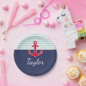 ダークブルーミントレッドストライプのいかりカスタム文字 ペーパープレート (パーティー)