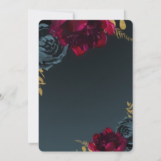 ダークブルームーディーズフローラ金ゴールドグリーンリーブライダルシャワー 招待状 (裏面)