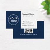 ダークブルーモダンホワイトロゴQRコード名刺 (デスク)