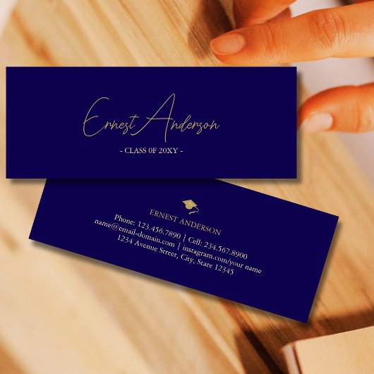 ダークブルーモダン金ゴールドエレガント卒業名カード スキニー名刺