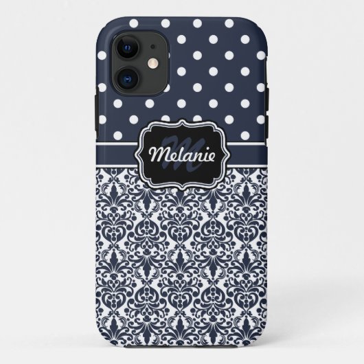 ダークブルーモノグラムのダマスク水玉模様パターン Case-Mate iPhoneケース (裏面)