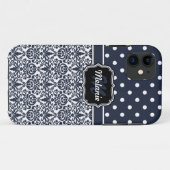 ダークブルーモノグラムのダマスク水玉模様パターン Case-Mate iPhoneケース (裏面(横))