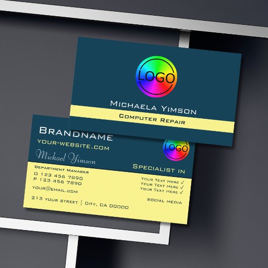 ダークブルーライトイエローシック(ロゴ付き)プロフェッショナル 名刺