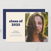 ダークブルーレトロシンプル写真卒業 案内状 (正面/裏面)