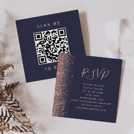 ダークブルーローズゴールドラメ 結婚式QRコードRSVP エンクロージャーカード