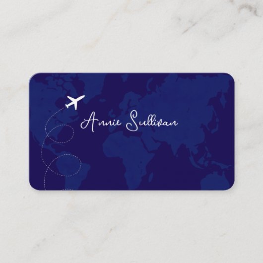 ダークブルーワールドマップと飛行機 名刺 (正面)