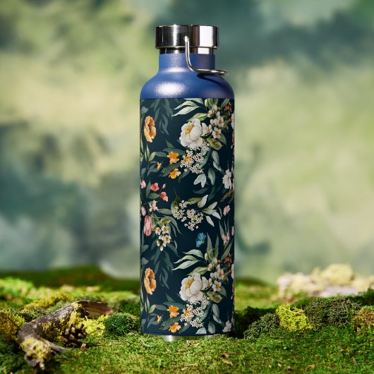 ダークブルーヴィンテージスタイルガーデンフラワーパターン ウォーターボトル (アウトドア)