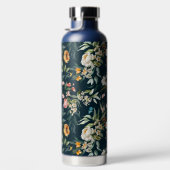 ダークブルーヴィンテージスタイルガーデンフラワーパターン ウォーターボトル (右面)