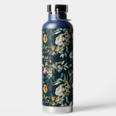 ダークブルーヴィンテージスタイルガーデンフラワーパターン ウォーターボトル (左面)