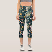 ダークブルーヴィンテージスタイルガーデンフラワーパターン カプリレギンス (正面)