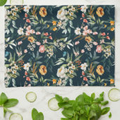 ダークブルーヴィンテージスタイルガーデンフラワーパターン キッチンタオル (折り畳み)