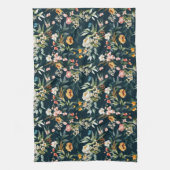 ダークブルーヴィンテージスタイルガーデンフラワーパターン キッチンタオル (縦)