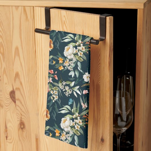 ダークブルーヴィンテージスタイルガーデンフラワーパターン キッチンタオル (三つ折り)