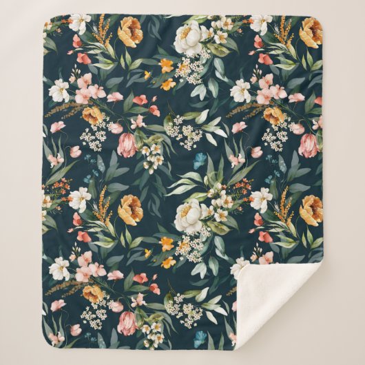 ダークブルーヴィンテージスタイルガーデンフラワーパターン シェルパブランケット (正面)