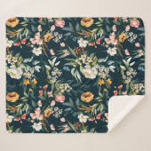 ダークブルーヴィンテージスタイルガーデンフラワーパターン シェルパブランケット (正面(横))