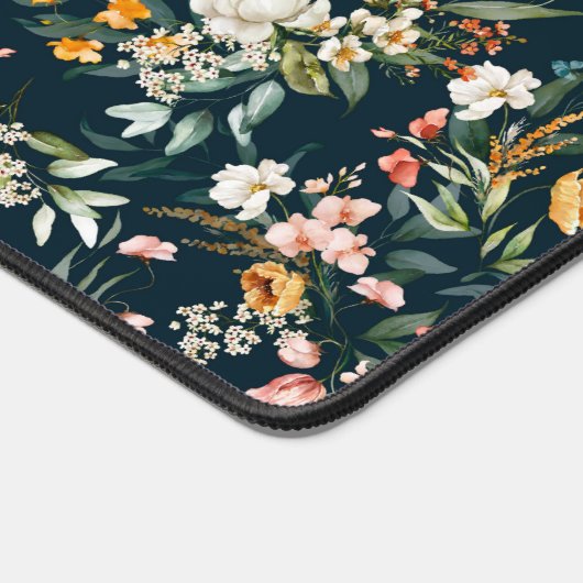 ダークブルーヴィンテージスタイルガーデンフラワーパターン デスクマット (コーナー)