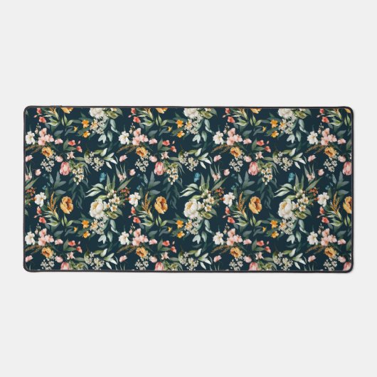 ダークブルーヴィンテージスタイルガーデンフラワーパターン デスクマット (正面)