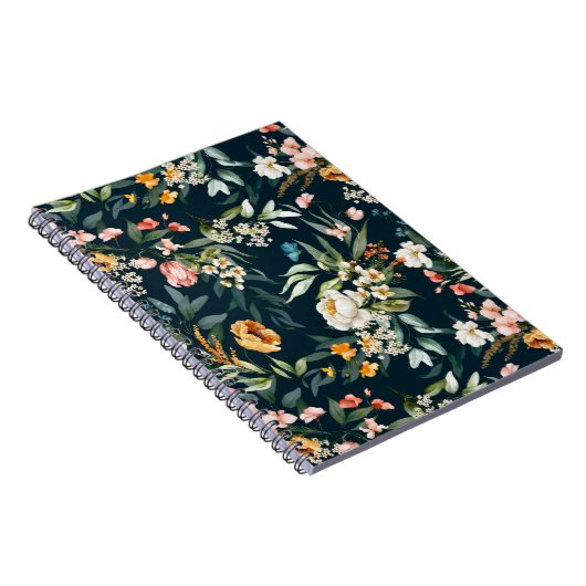 ダークブルーヴィンテージスタイルガーデンフラワーパターン ノートブック (右側)
