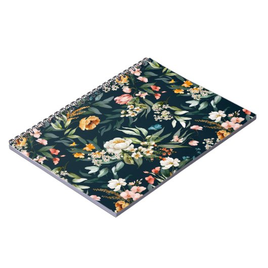 ダークブルーヴィンテージスタイルガーデンフラワーパターン ノートブック (左側)