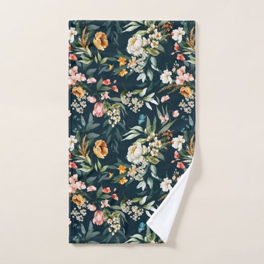 ダークブルーヴィンテージスタイルガーデンフラワーパターン バスタオルセット (ハンドタオル)