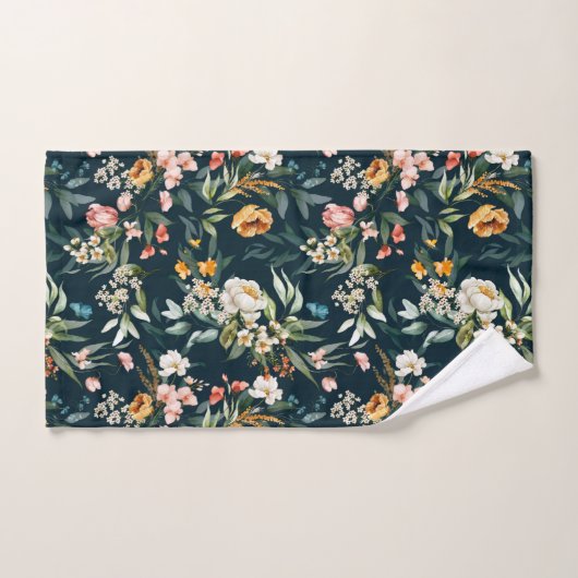ダークブルーヴィンテージスタイルガーデンフラワーパターン バスタオルセット (ハンドタオル)