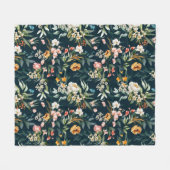 ダークブルーヴィンテージスタイルガーデンフラワーパターン フリースブランケット (正面(横))