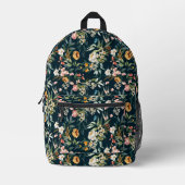 ダークブルーヴィンテージスタイルガーデンフラワーパターン プリントバックパック (正面)