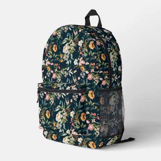 ダークブルーヴィンテージスタイルガーデンフラワーパターン プリントバックパック (裏面右端)