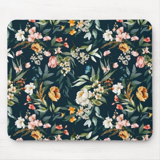 ダークブルーヴィンテージスタイルガーデンフラワーパターン マウスパッド (正面)