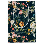 ダークブルーヴィンテージスタイルガーデンフラワーパターン ミディアムペーパーバッグ (正面)