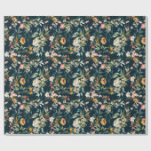ダークブルーヴィンテージスタイルガーデンフラワーパターン ラッピングペーパー (フラット)
