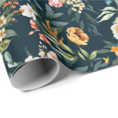 ダークブルーヴィンテージスタイルガーデンフラワーパターン ラッピングペーパー (ロールコーナー)