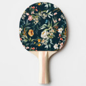 ダークブルーヴィンテージスタイルガーデンフラワーパターン 卓球ラケット (正面)