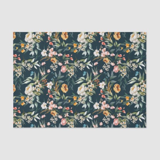 ダークブルーヴィンテージスタイルガーデンフラワーパターン 薄葉紙 (正面)
