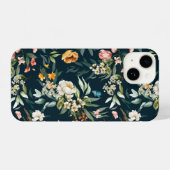 ダークブルーヴィンテージスタイルガーデンフラワーパターン iPhoneケース (裏面横)