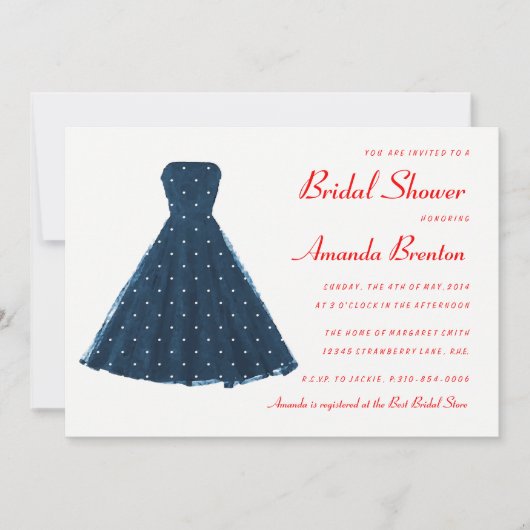 ダークブルーヴィンテージドレスレッドアクセントブライダルシャワー 招待状 (正面)