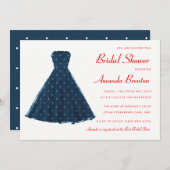 ダークブルーヴィンテージドレスレッドアクセントブライダルシャワー 招待状 (正面/裏面)