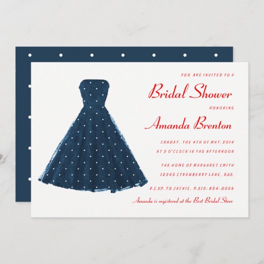 ダークブルーヴィンテージドレスレッドアクセントブライダルシャワー 招待状 (正面/裏面)