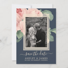 ダークブルーヴィンテージピンクローズウェディング日付を保存 招待状