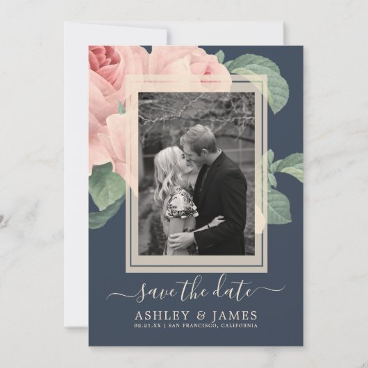 ダークブルーヴィンテージピンクローズウェディング日付を保存 招待状 (正面)